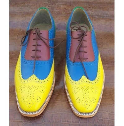 Men Handmade Multi Color Leather Brogue Shoes With Lace up Closure