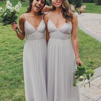SP1355,Boho Grey Tulle Ankle Length Spaghetti Straps Bridesmaid Dresses - Thumbnail 1