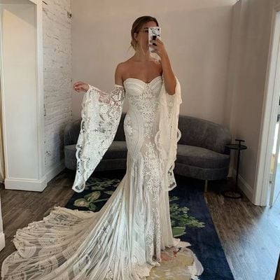 Boho mermaid sweetheart long sleeve lace bohomian wedding dresses,fall mermaid bridal dresses - Thumbnail 3