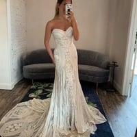 Boho Mermaid Sweetheart Long Sleeve Lace Bohomian Wedding Dresses,Fall Mermaid Bridal Dresses - Thumbnail 1