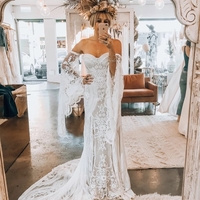 Boho Mermaid Sweetheart Long Sleeve Lace Bohomian Wedding Dresses,Fall Mermaid Bridal Dresses - Thumbnail 2
