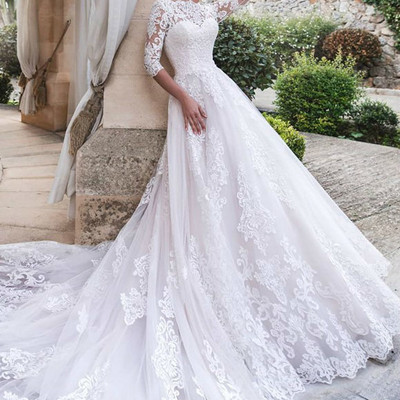 Charming cathedral train white lace bridal dresses with long sleeves vestido de boda - Thumbnail 5