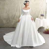 White Satin Ball Gown Wedding Dress Long Sleeve Scoop Neckline - Thumbnail 2