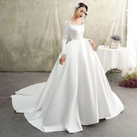 White Satin Ball Gown Wedding Dress Long Sleeve Scoop Neckline - Thumbnail 1