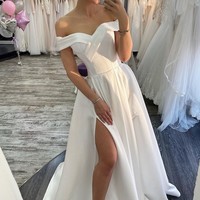 Off-the-shoulder White Casual Wedding Dress with Side Slit - Thumbnail 1