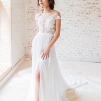 Chiffon&Lace Boho Wedding Gown with Sheer Sleeves - Thumbnail 1