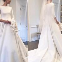 Boat Neck 3/4 Sleeves Satin Wedding Gown with Pockets - Thumbnail 1