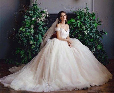 Rhinestones Off-the-shoulder Tulle Bridal Gown with Ruching Bodice