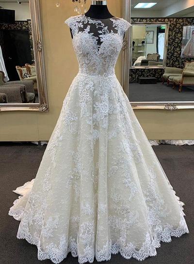Cap Sleeve Champagne lace Long Wedding Dresses,Wedding Dress,Elegant Custom Made Wedding Gown