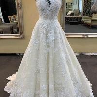 Cap Sleeve Champagne lace Long Wedding Dresses,Wedding Dress,Elegant Custom Made Wedding Gown - Thumbnail 1