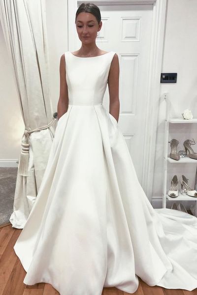 Sleeveless Satin Bride Dress with Pockets vestido de noiva 2020