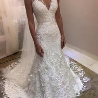 Mermaid V Neck Floral Lace Wedding Dresses,2020 Bridal Gown - Thumbnail 1
