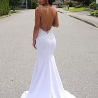 Spaghetti Straps Mermaid White Satin Wedding Dresses Lace Neckline - Thumbnail 1