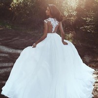 Cap Sleeve Lace Boho Wedding Dresses with Chiffon Skirt - Thumbnail 1