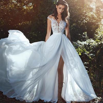 Cap sleeve lace boho wedding dresses with chiffon skirt - Thumbnail 2