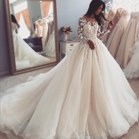 Floral Appliques Tulle Wedding Gown with Long Sleeves - Thumbnail 1