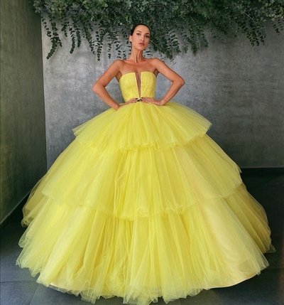 Starpless Open Back Yellow Ball gown Tulle Layered Skirt,Formal Prom Evening Gown