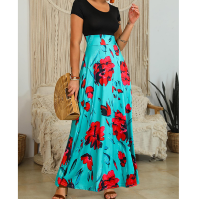 Round Neck Short Sleeve Print Splicing High Waist Dress