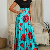 Round Neck Short Sleeve Print Splicing High Waist Dress - Thumbnail 2