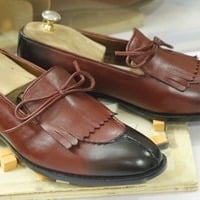 Handmade Two Tone Burgundy Fringe Tussles Loafers Moccasin Leather Dress Shoes - Thumbnail 1