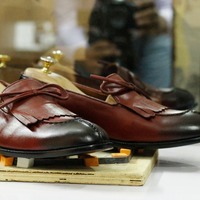 Handmade Two Tone Burgundy Fringe Tussles Loafers Moccasin Leather Dress Shoes - Thumbnail 2