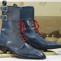 Handmade Blue Cap Toe Leather Double Monk Ankle High Boot,Men's Boot,Oxford Boot - Thumbnail 3