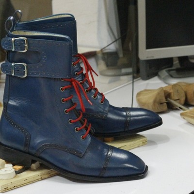 Handmade blue cap toe leather double monk ankle high boot,men's boot,oxford boot - Thumbnail 2