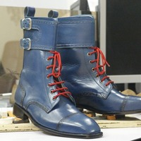 Handmade Blue Cap Toe Leather Double Monk Ankle High Boot,Men's Boot,Oxford Boot - Thumbnail 4