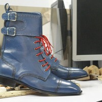 Handmade Blue Cap Toe Leather Double Monk Ankle High Boot,Men's Boot,Oxford Boot - Thumbnail 5