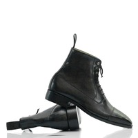 Handmade Black Ankle Cap Toe Boot,Leather Lace Up Boot,Dress Boot - Thumbnail 4
