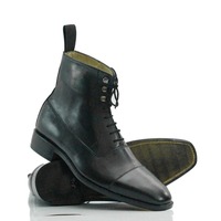 Handmade Black Ankle Cap Toe Boot,Leather Lace Up Boot,Dress Boot - Thumbnail 1