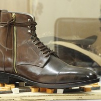 Handmade Ankle Brown Cap Toe Boot,Leather Side Zipper Lace Up Boot,Dress Boot - Thumbnail 4