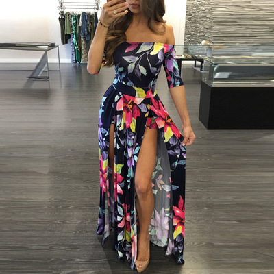 Sexy one-neck off-the-shoulder printed short-sleeved dress
