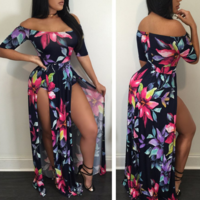 Sexy One-Neck Off-The-Shoulder Printed Short-Sleeved Dress - Thumbnail 1