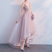 Sweet V-Neck A-Line Pink Prom Dresses Delicate Lace Appliques High Low Prom Dresses Lace Up Back Petite Formal Dresses for Engagement Dinner,660 - Thumbnail 2