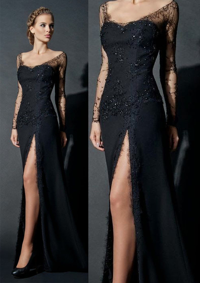 Black Lace Prom Dress,Long Sleeve Mermaid Prom Dress,Sheath Evening Dress, Long Sleeve Evening Dress,Elegant Evening Dress,Sexy Evening Dress,663