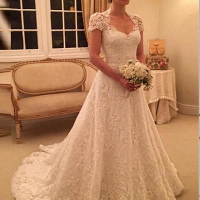 Delicate scoop short sleeves long lace wedding dress illusion back,664