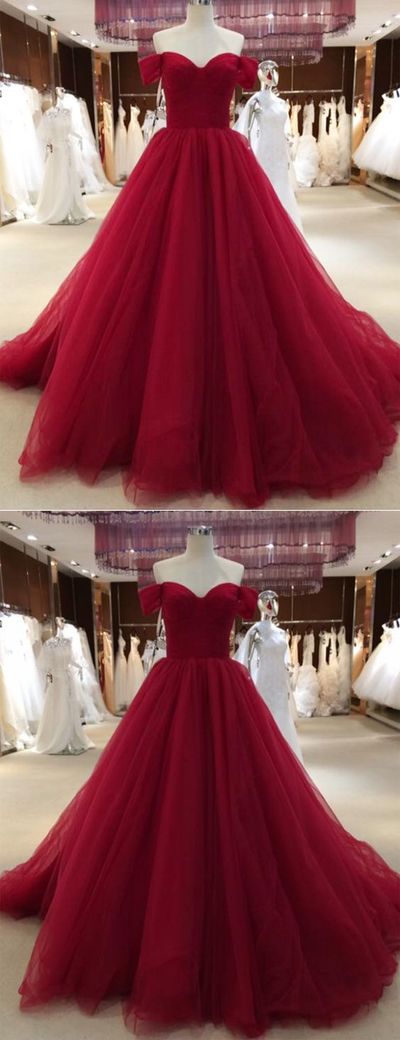 Off the Shoulder Ball Gown Long Tulle Prom Dress,Long Tulle Ball Gown Red Elegant Evening Dress,Long Tulle Ball Gown Dress,668