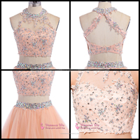 Two Piece Prom Dress with Lace Appliques, High Neck Prom Dresses with Beaded Waistline, Open Back Tulle Short Prom Dress,670 - Thumbnail 1