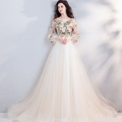 Light champagne lace long prom dress evening dress - Thumbnail 5