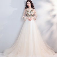 Light champagne lace long prom dress evening dress - Thumbnail 5