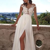 Charming A-Line Cap Sleeve Chiffon Skirt Beach Wedding Dresses with Lace Appliques,Custom Made Lace Bridal Dresses - Thumbnail 2