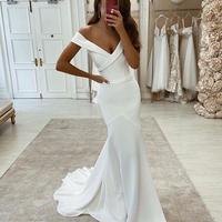 Simple Mermaid Off the Shoulder White Soft Satin Wedding Dresses - Thumbnail 1