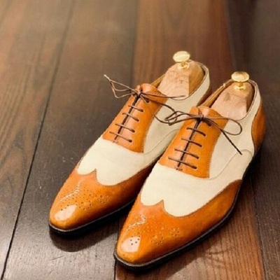 Handmade tan and white leather brogue shoes with lace up closure, brogue dress shoes for men