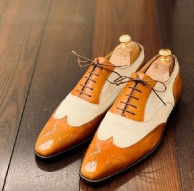 Handmade Tan and White Leather Brogue shoes with Lace up closure, Brogue Dress Shoes for men