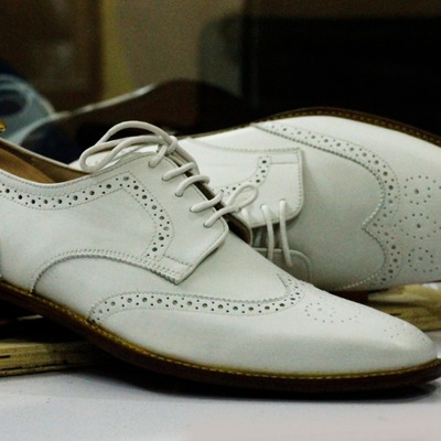 Handmade white wing tip leather shoes,men oxford party wear shoes - Thumbnail 3