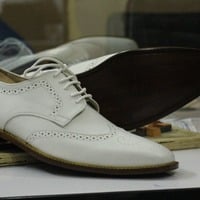 Handmade White Wing Tip Leather Shoes,Men Oxford Party Wear Shoes - Thumbnail 4