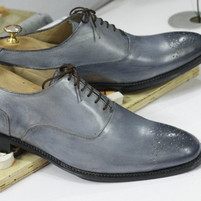 Handmade gray brogue toe leather shoes,men's oxford lace up shoes - Thumbnail 3