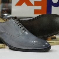 Handmade Gray Brogue Toe Leather Shoes,Men's Oxford Lace Up Shoes - Thumbnail 1