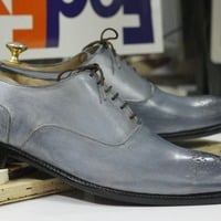 Handmade Gray Brogue Toe Leather Shoes,Men's Oxford Lace Up Shoes - Thumbnail 3